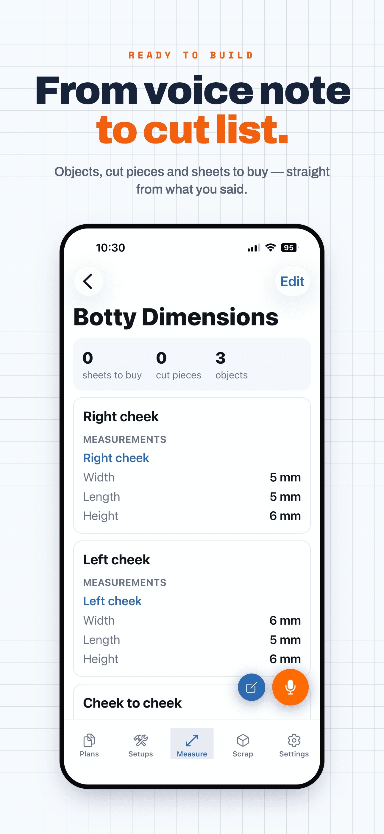Start Here mobile app — a voice note turned into objects, cut pieces and sheets to buy