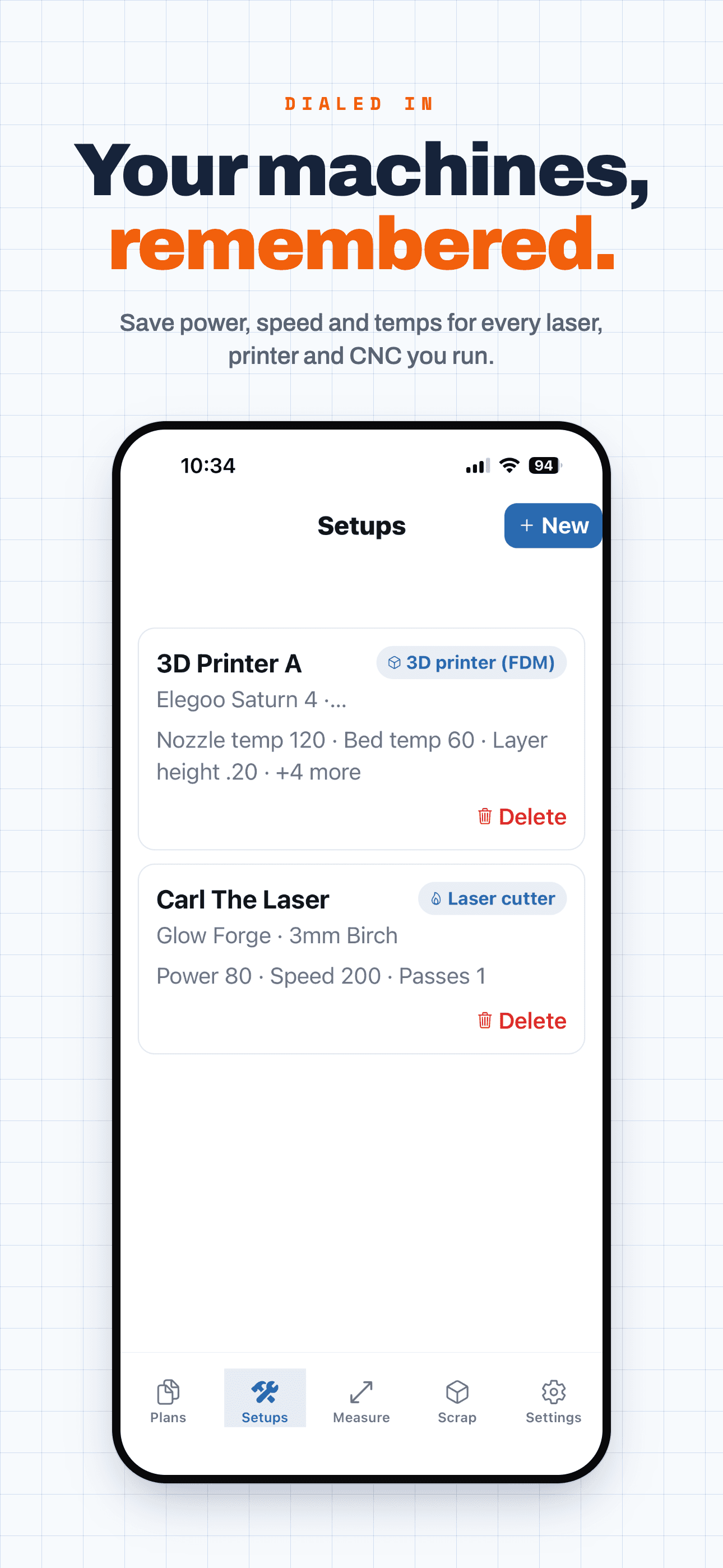 Start Here mobile app — saved machine setups with power, speed and temperatures for each laser, printer and CNC