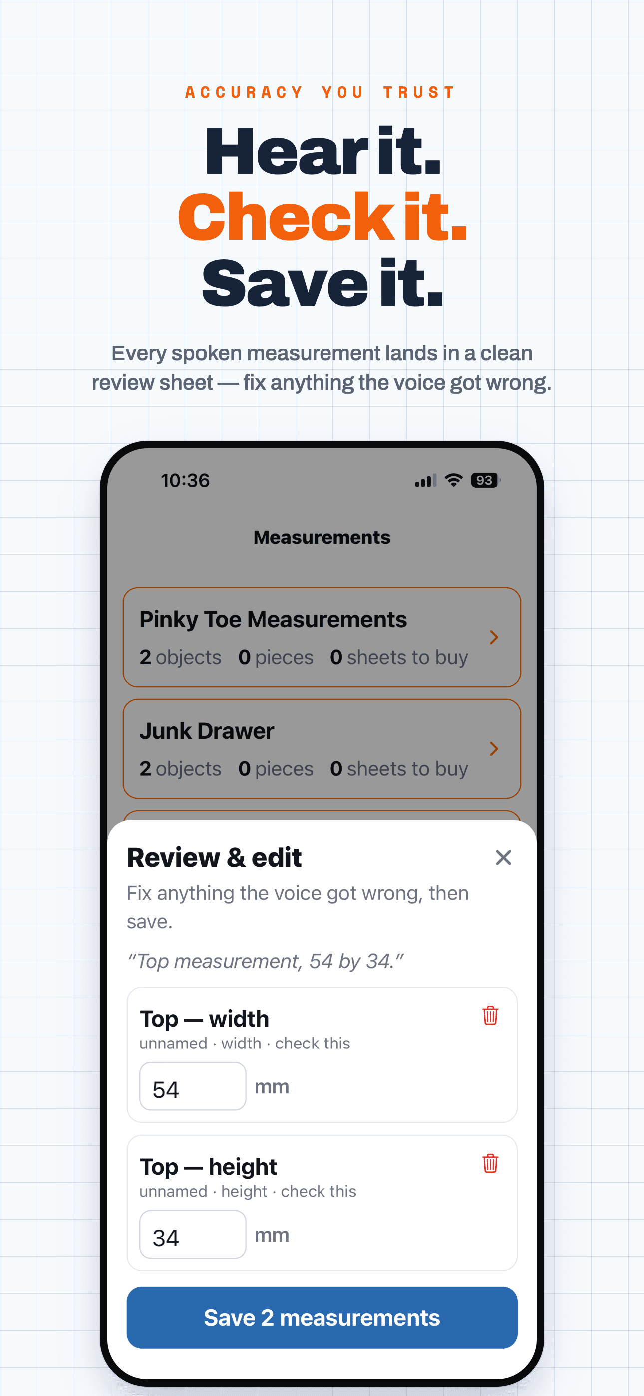 Start Here mobile app — review-and-edit sheet to fix anything voice capture got wrong before saving
