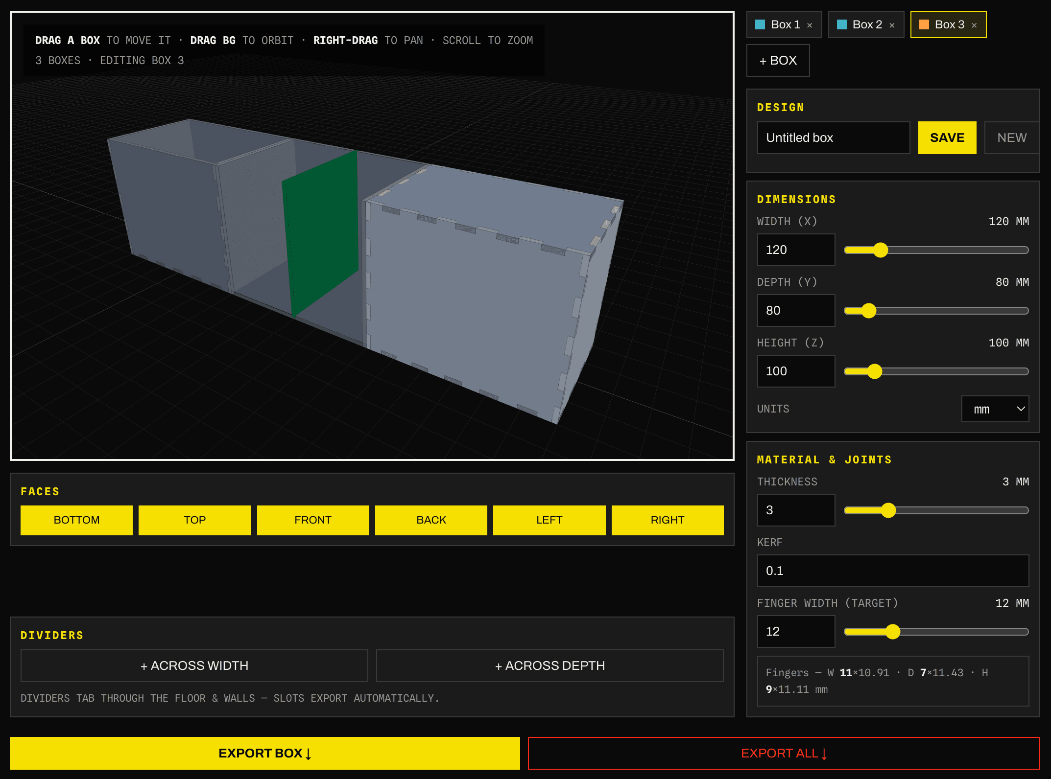 Start Here Box Maker — finger-jointed box generator with a live 3D preview, dividers and a laser-ready cut sheet