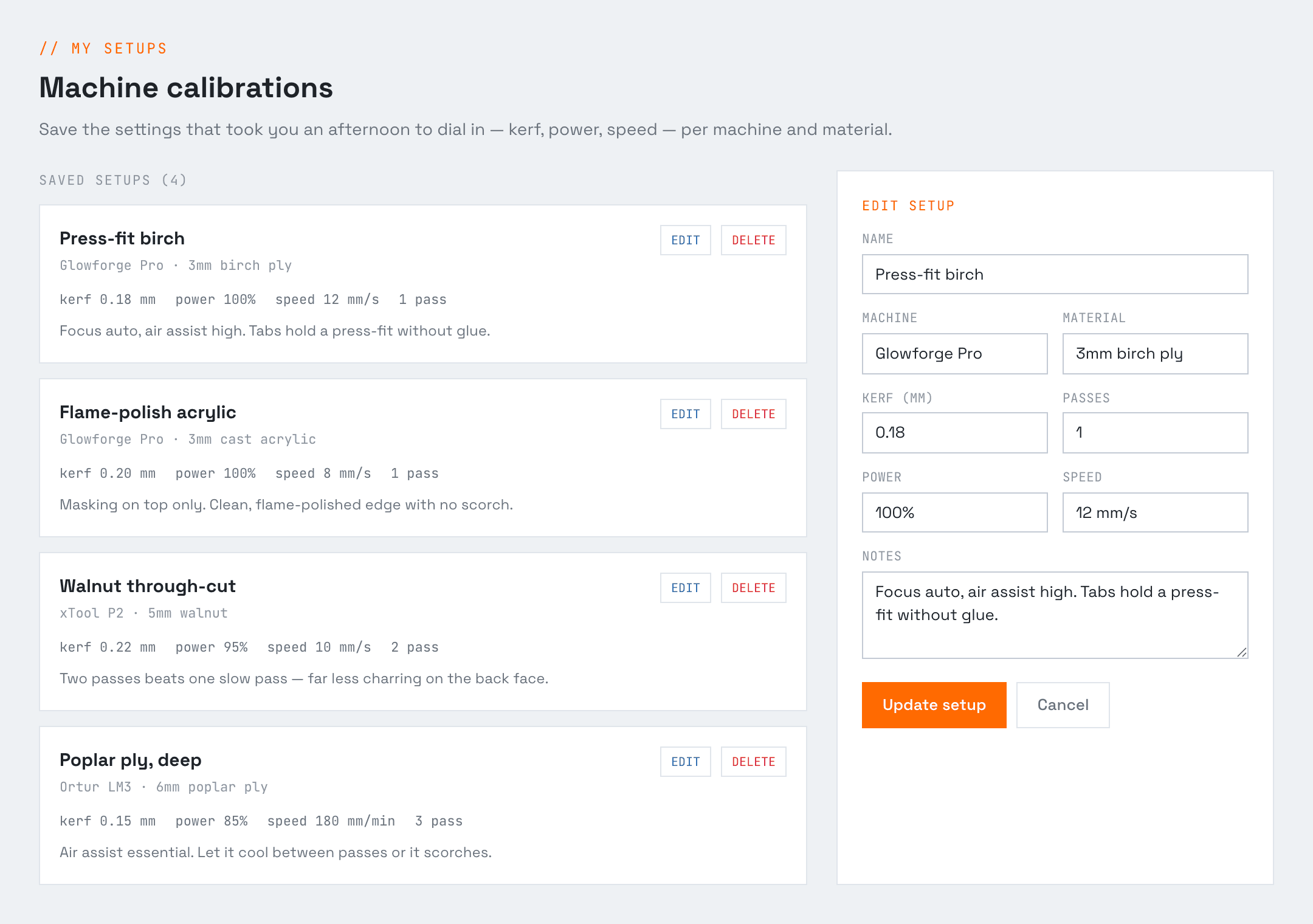 Machine Setups Repository — saved machine calibration cards with kerf, power, speed and feed, and a setup editor