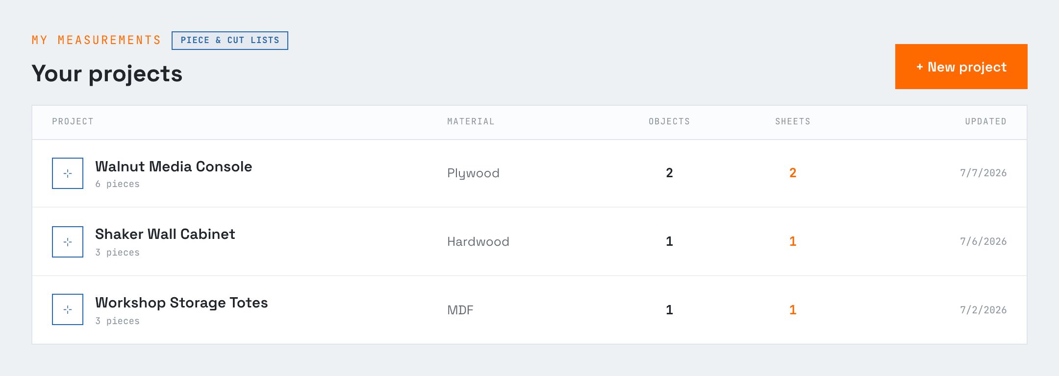 The My Measurements project list — saved cut-list projects with material, object count and sheets to buy