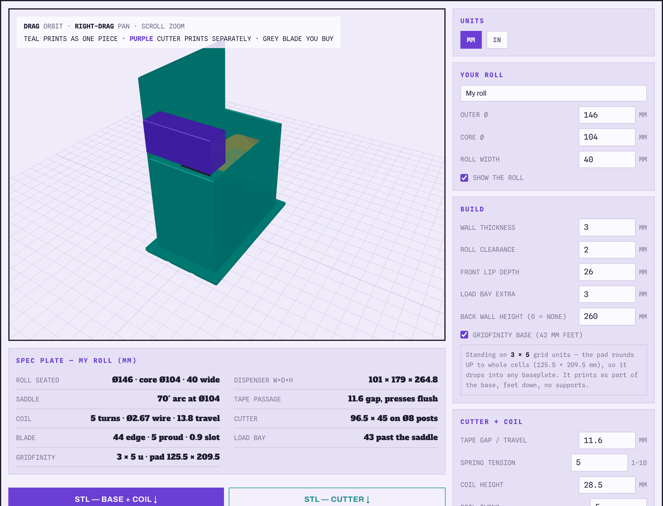 The Tape Daddy 3D tape dispenser generator interface — a printable sprung tape dispenser in the live 3D viewport, with the roll on its saddle and the purple cutter on its coil, beside the roll, build, cutter and blade controls, a spec plate and STL export